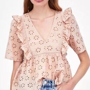 Zara Blush Ruffled Eyelet Blouse